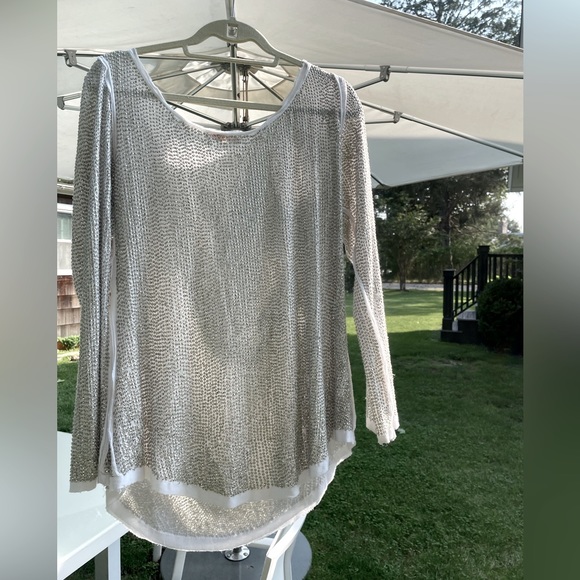 Rare Raw Edge Detail LS T Hand Sewn Antiq Slvr Tiny Sequin so SOFT w/stretch SzM - Picture 1 of 17